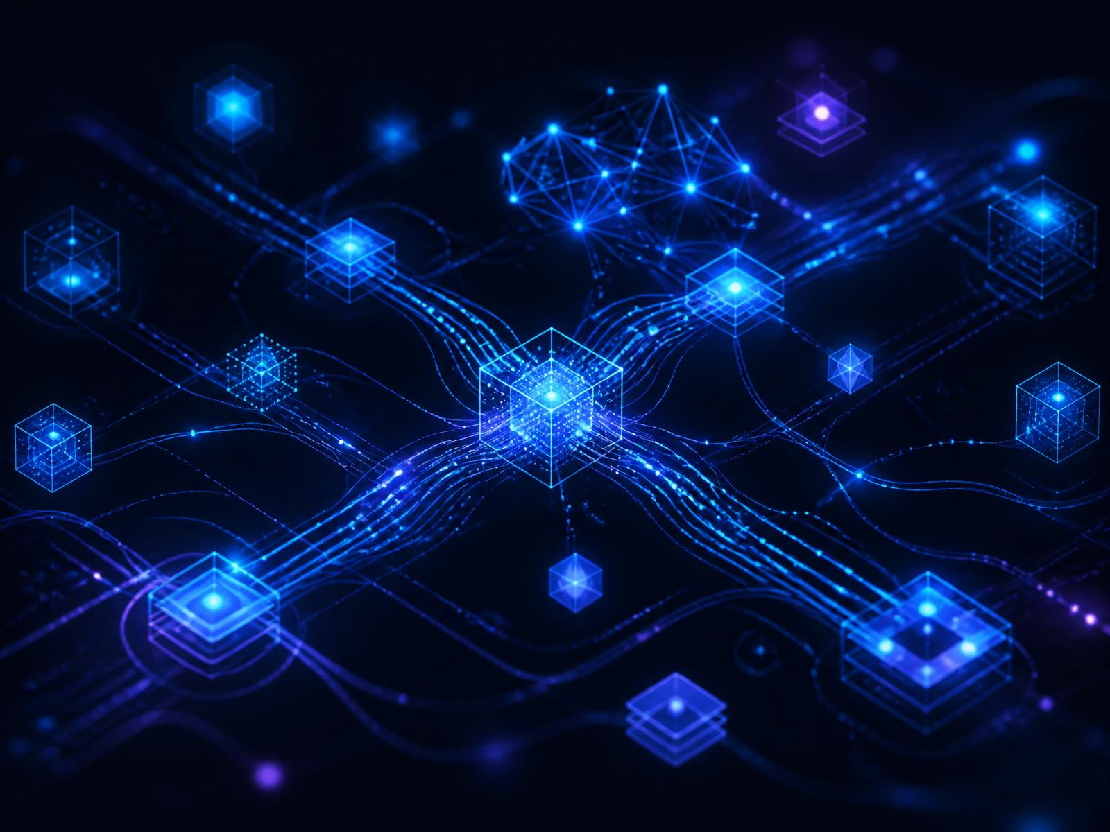 Abstrakte Visualisierung eines Netzwerks aus APIs, Datenflüssen und KI-Modulen